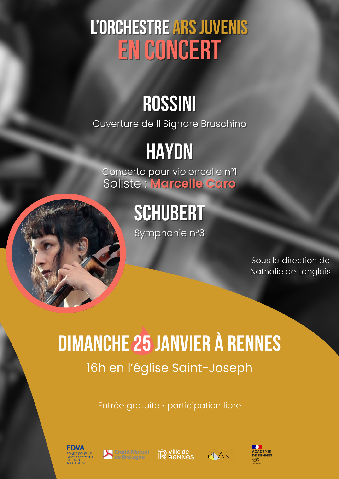 Affiche du concert symphonique à Rennes - Violoncelle solo : Marcelle Caro - Janvier 2026 - Orchestre symphonique Ars Juvenis